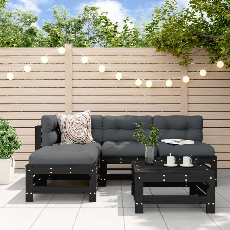 vidaXL 5 Piece Garden Lounge Set with Cushions Black Solid Wood