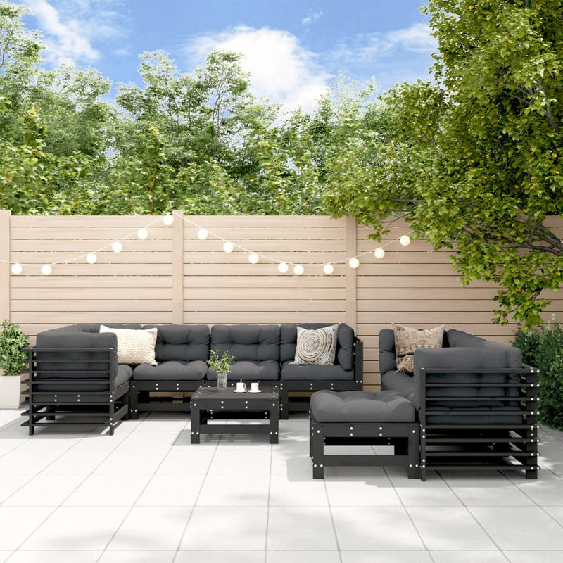 vidaXL 10 Piece Garden Lounge Set with Cushions Black Solid Wood
