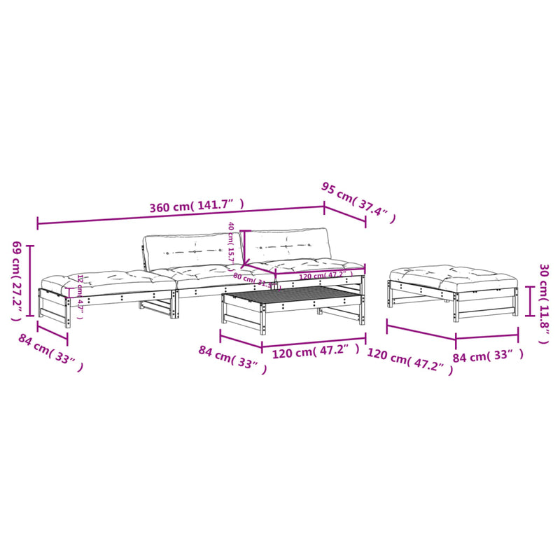 vidaXL 5 Piece Garden Lounge Set with Cushions Black Solid Wood