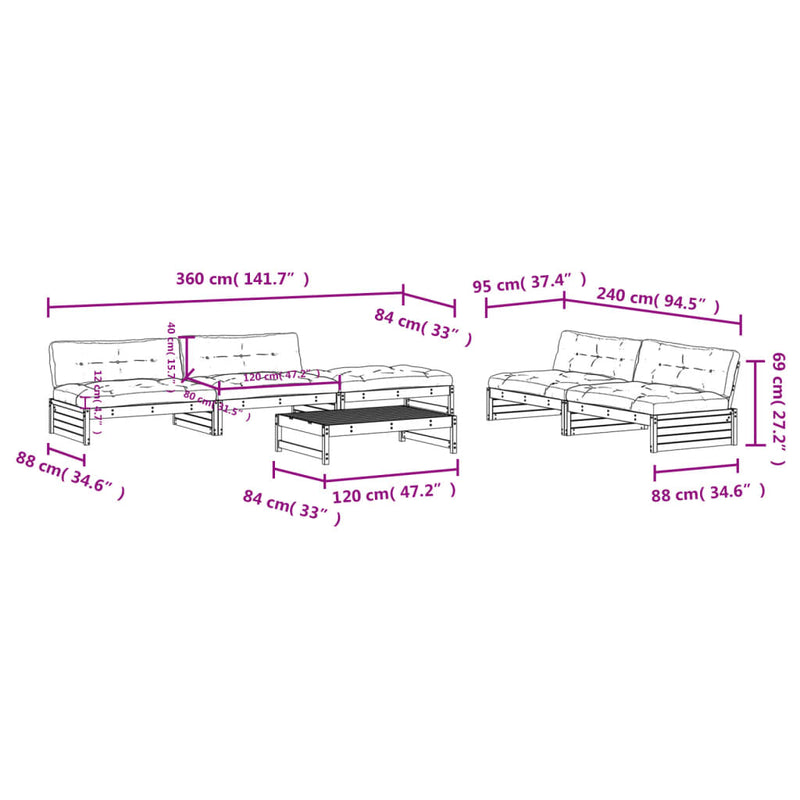 vidaXL 6 Piece Garden Lounge Set with Cushions Black Solid Wood