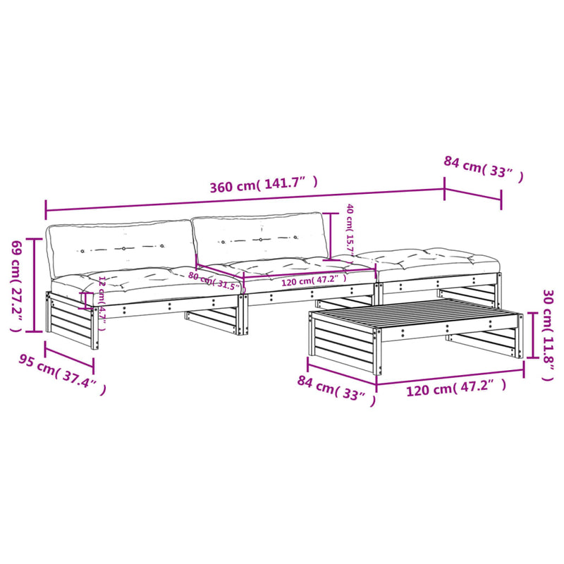 vidaXL 4 Piece Garden Lounge Set with Cushions Solid Wood