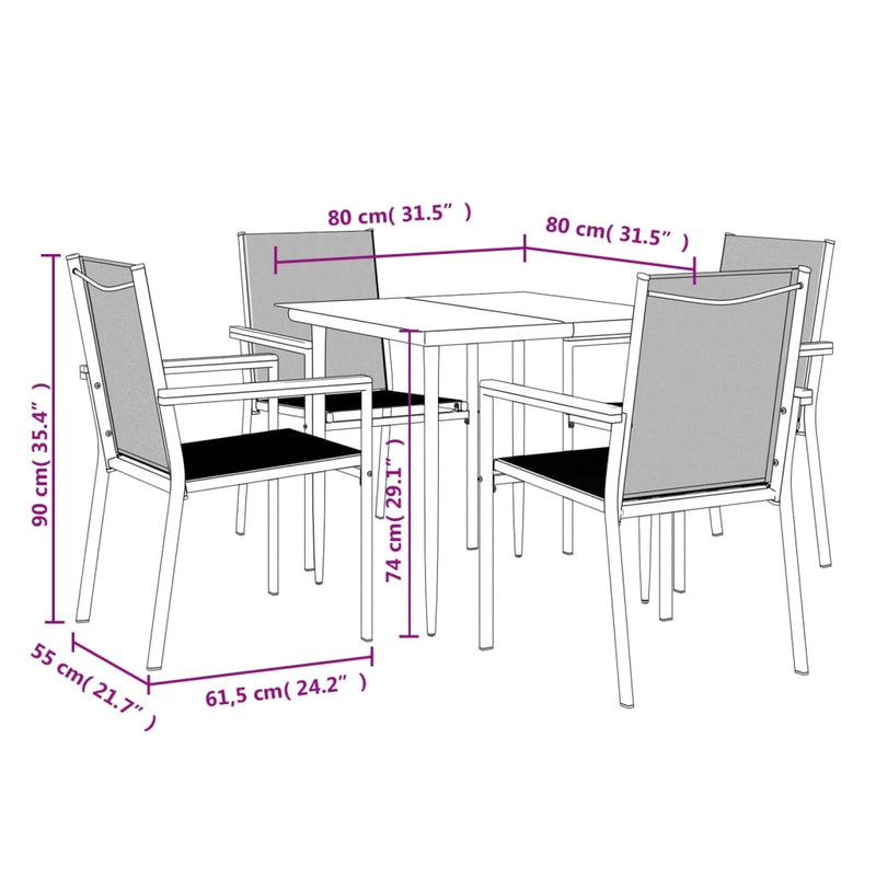 vidaXL 5 Piece Garden Dining Set Black Textilene and Steel