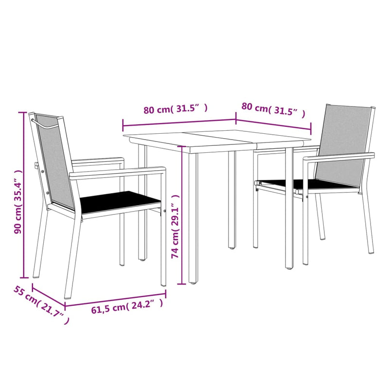 vidaXL 3 Piece Garden Dining Set Black Textilene and Steel