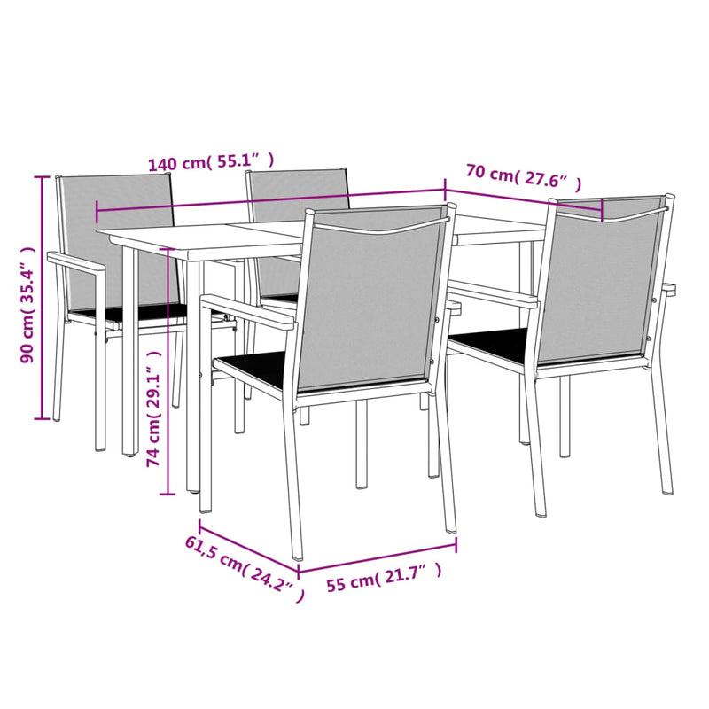 vidaXL 5 Piece Garden Dining Set Black Textilene and Steel