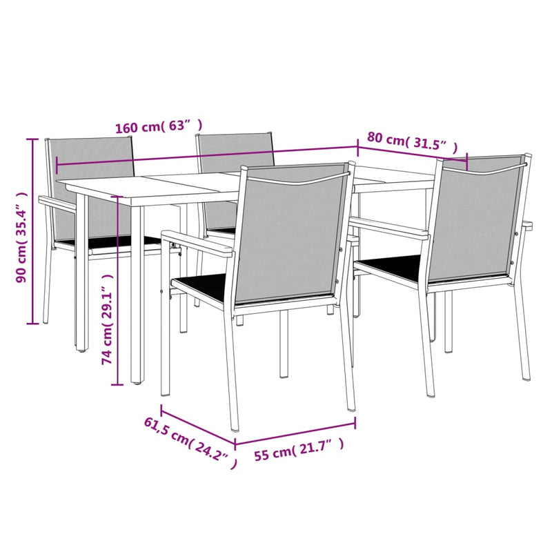 vidaXL 5 Piece Garden Dining Set Black Textilene and Steel