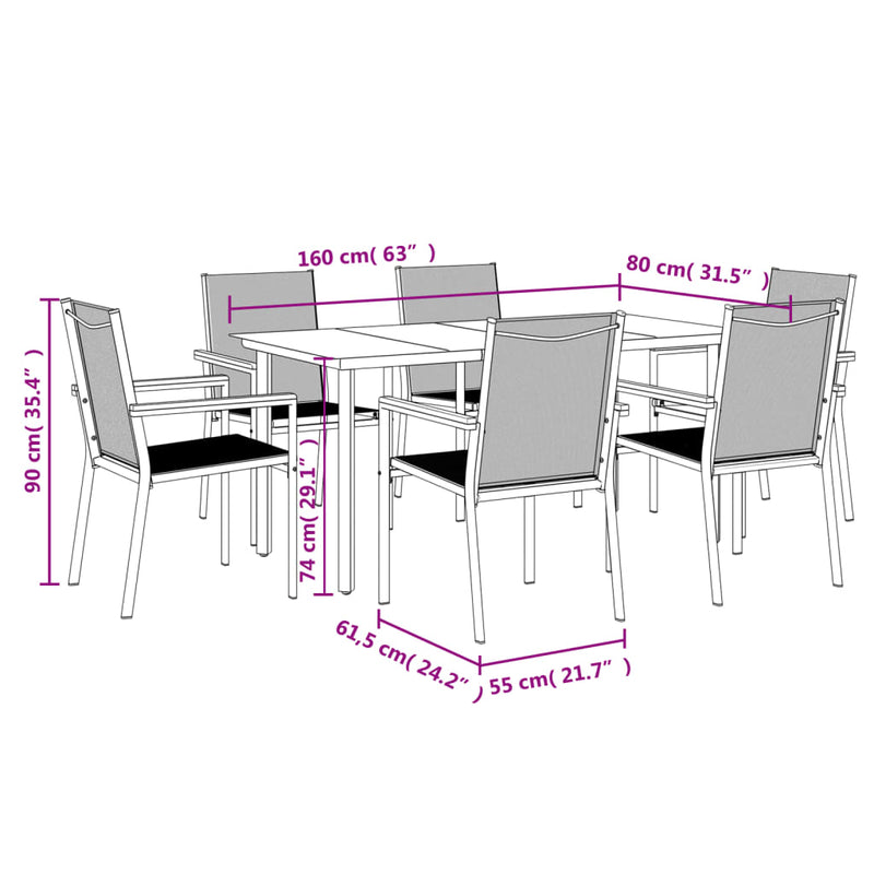 vidaXL 7 Piece Garden Dining Set Black Textilene and Steel