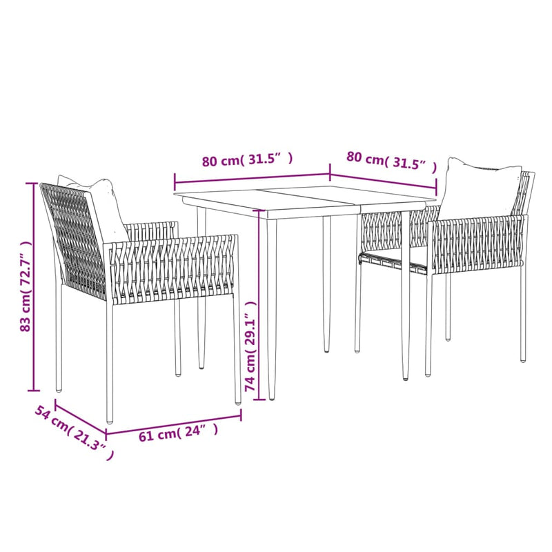 vidaXL 3 Piece Garden Dining Set with Cushions Poly Rattan and Steel