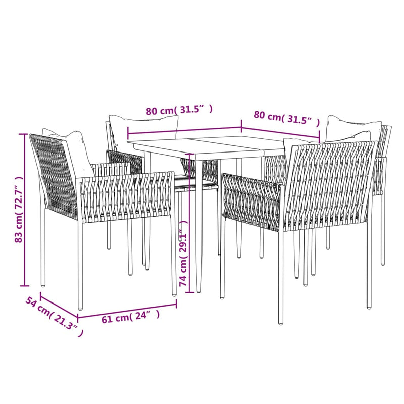 vidaXL 5 Piece Garden Dining Set with Cushions Poly Rattan and Steel