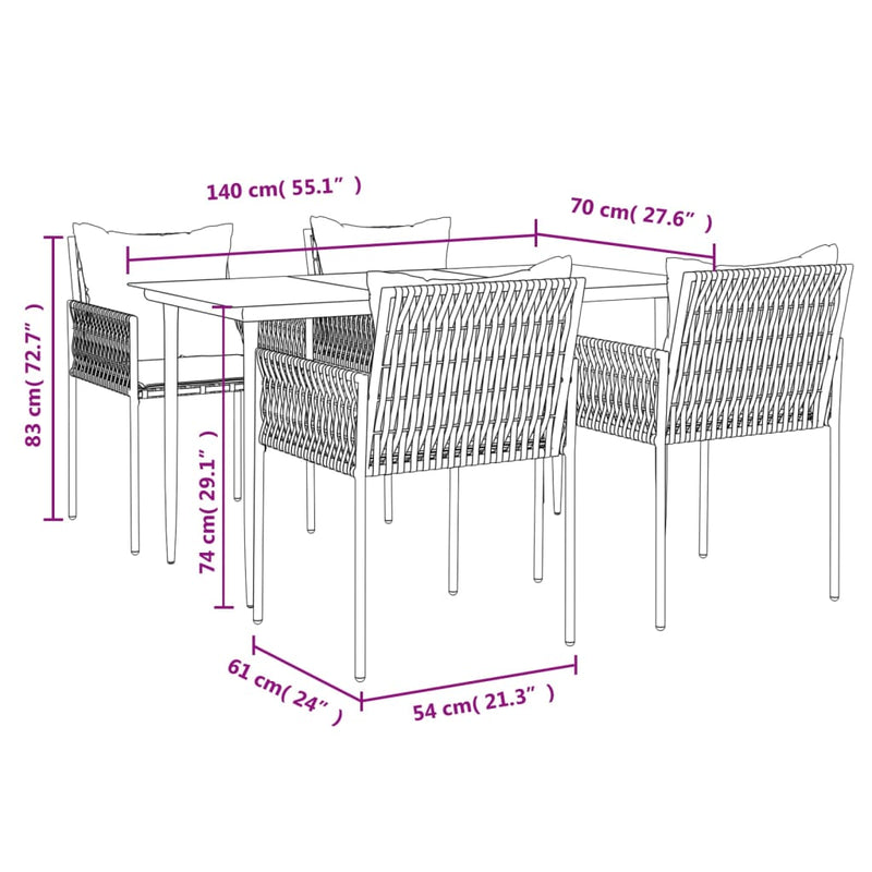 vidaXL 5 Piece Garden Dining Set with Cushions Poly Rattan and Steel