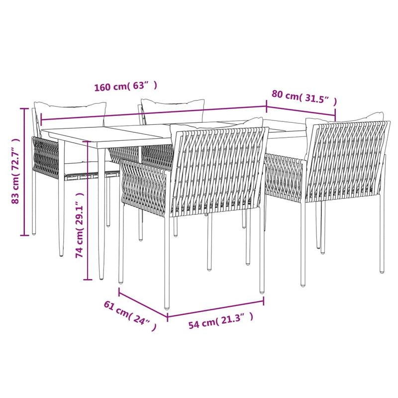 vidaXL 5 Piece Garden Dining Set with Cushions Poly Rattan and Steel
