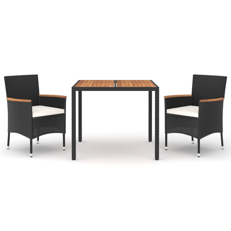 vidaXL 3 Piece Garden Dining Set with Cushions Black Poly Rattan