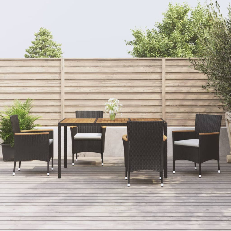 vidaXL 5 Piece Garden Dining Set with Cushions Black Poly Rattan