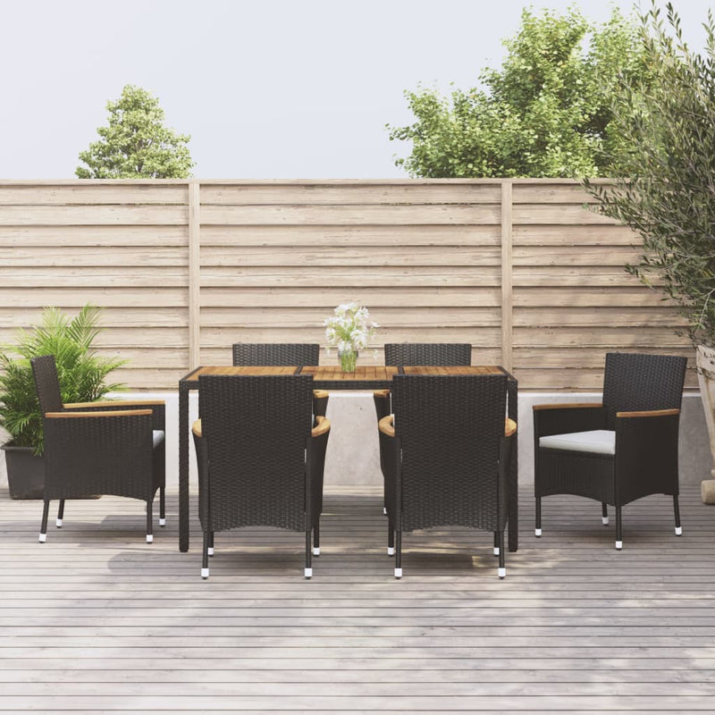 vidaXL 7 Piece Garden Dining Set with Cushions Black Poly Rattan