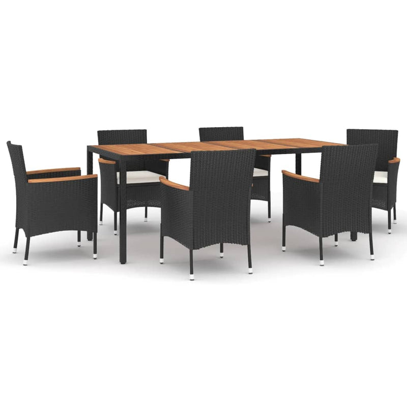 vidaXL 7 Piece Garden Dining Set with Cushions Black Poly Rattan