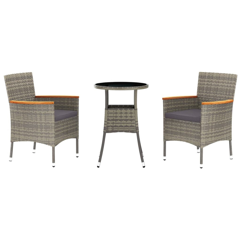 vidaXL 3 Piece Garden Bistro Set with Cushions Grey Poly Rattan