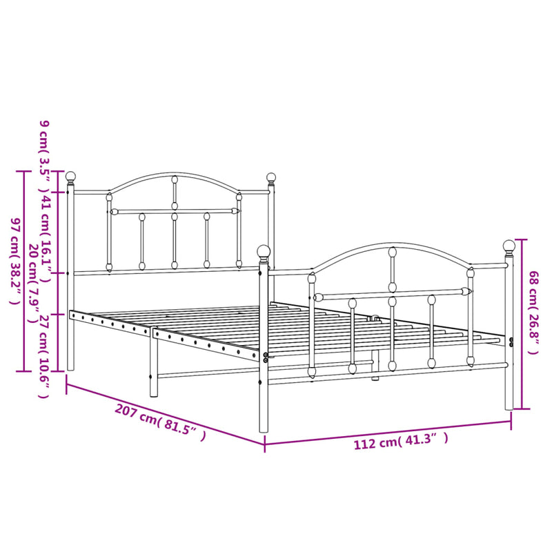 Metal Bed Frame with Headboard and Footboard White 106x203 cm King Single Size