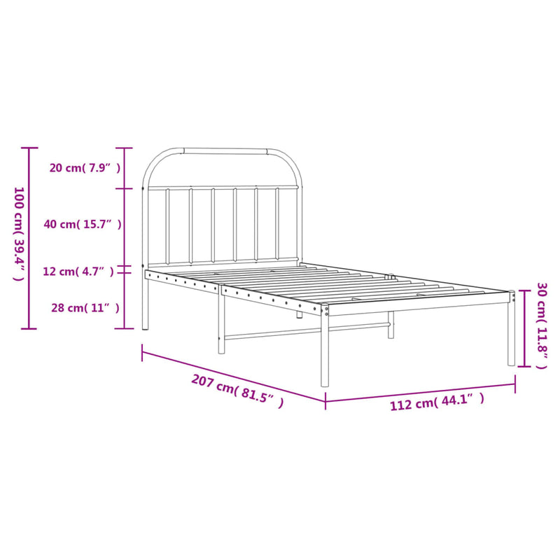 vidaXL Metal Bed Frame without Mattress with Headboard Black 107x203 cm King Single