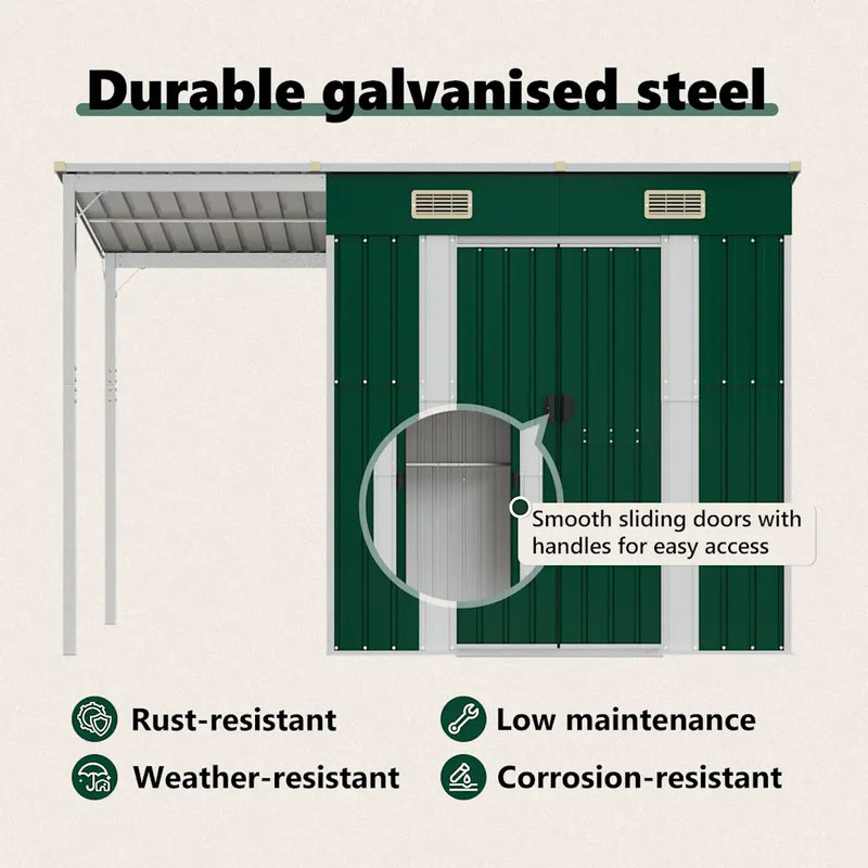 Garden Shed with Extended Roof Green 277x107x181 cm Steel