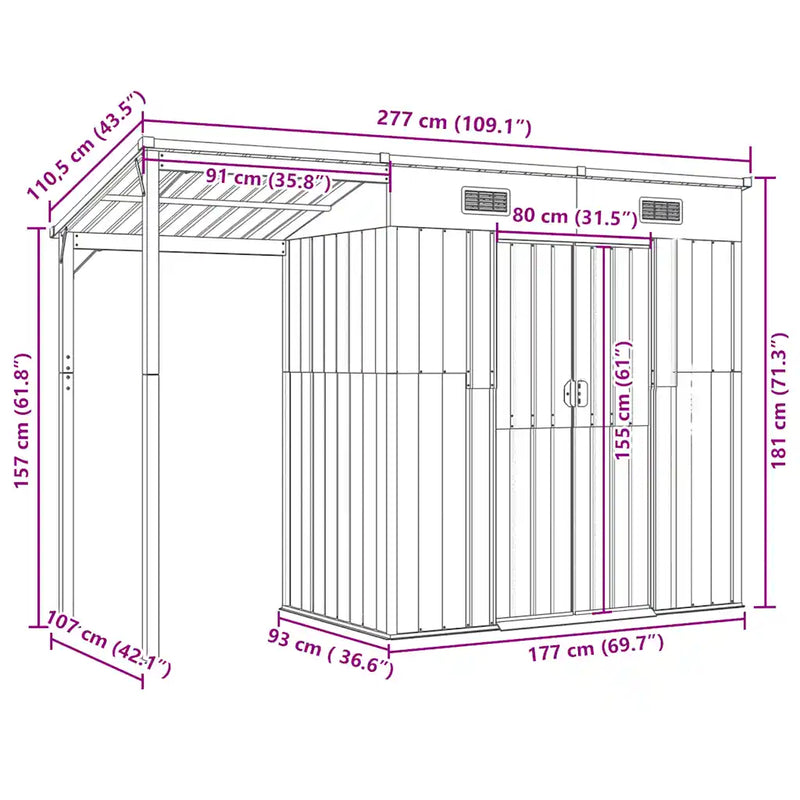 Garden Shed with Extended Roof Light Grey 277x107x181 cm Steel