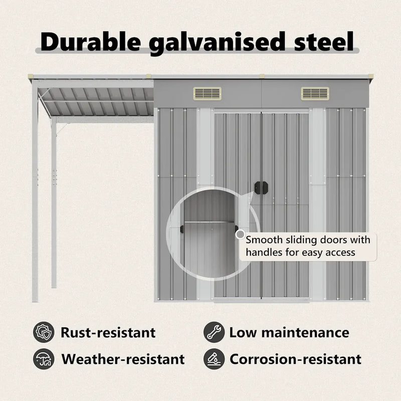 Garden Shed with Extended Roof Light Grey 277x107x181 cm Steel