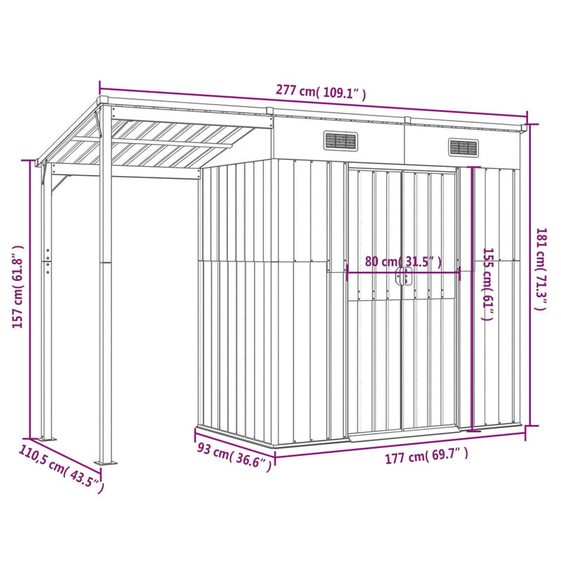 vidaXL Garden Shed with Extended Roof Anthracite 277x107x181 cm Steel