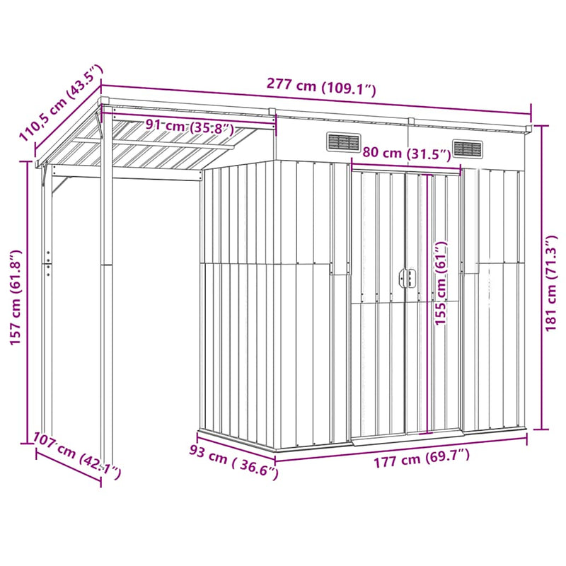 vidaXL Garden Shed with Extended Roof Brown 277x107x181 cm Steel