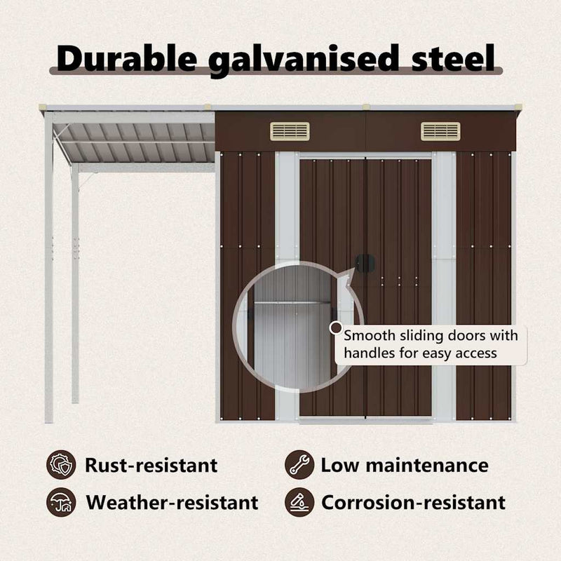 vidaXL Garden Shed with Extended Roof Brown 277x107x181 cm Steel