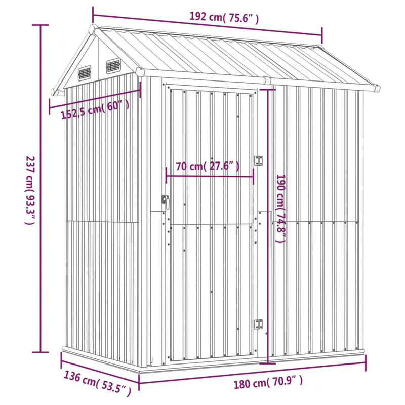 vidaXL Garden Shed Light Grey 192x152.5x237 cm Galvanised Steel