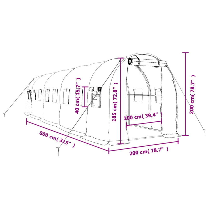 vidaXL Greenhouse with Steel Frame White 16 m² 8x2x2 m