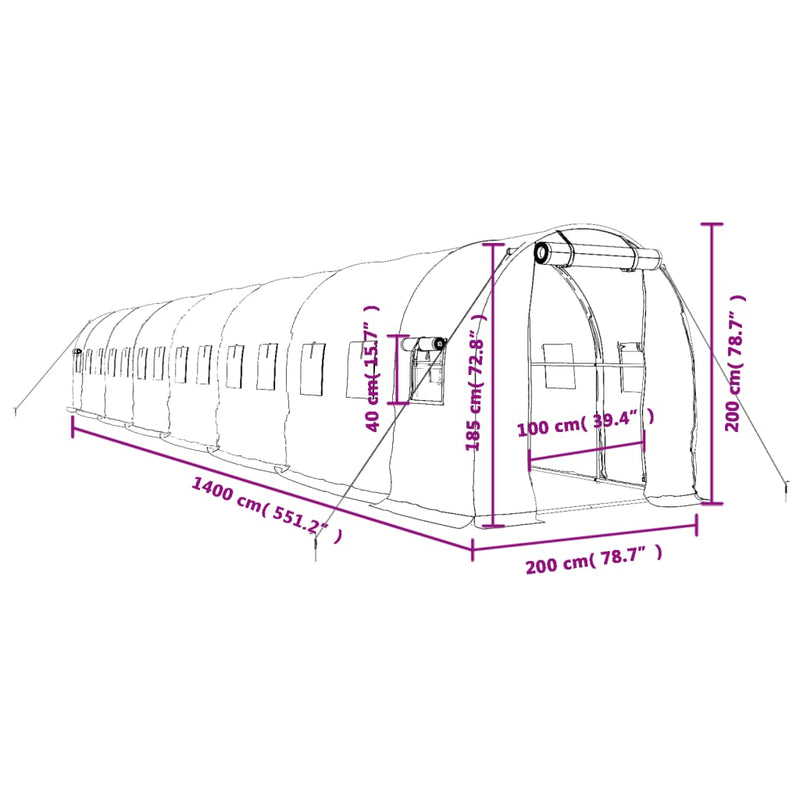 vidaXL Greenhouse with Steel Frame White 28 m² 14x2x2 m