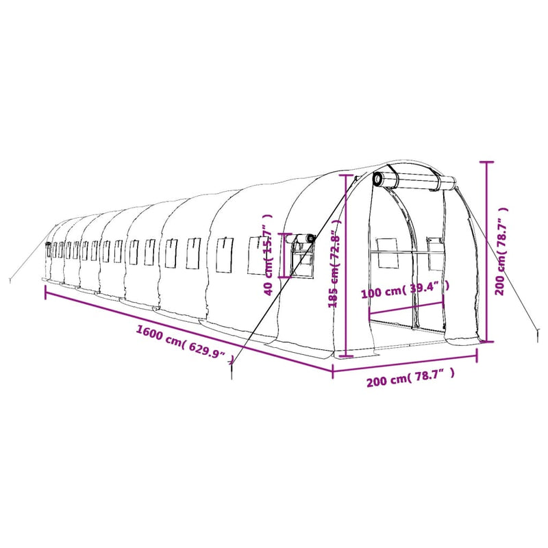 vidaXL Greenhouse with Steel Frame White 32 m² 16x2x2 m