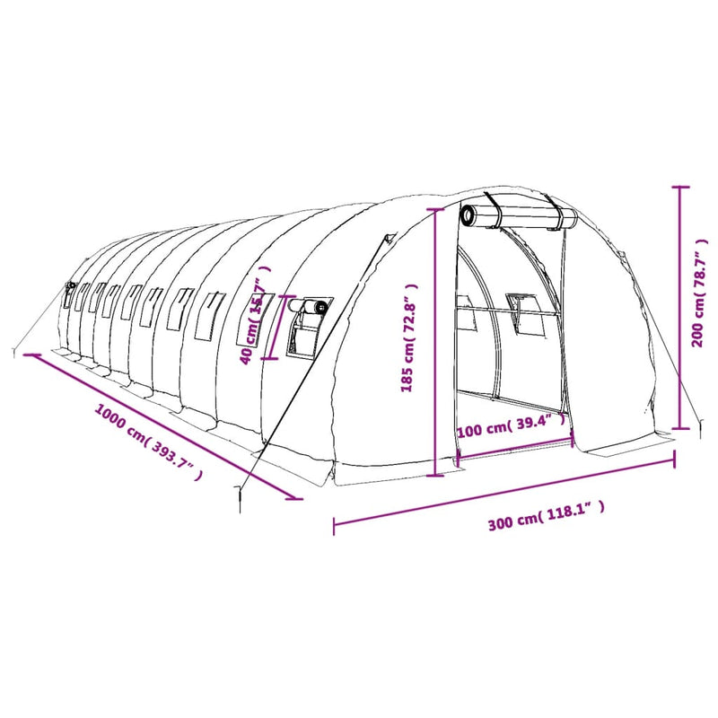 vidaXL Greenhouse with Steel Frame White 30 m² 10x3x2 m