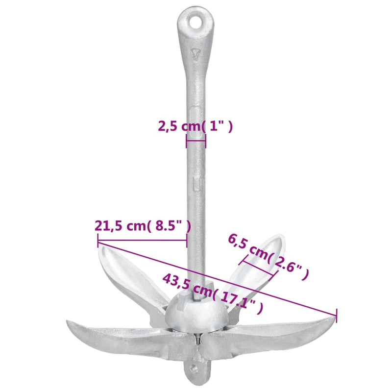 vidaXL Folding Anchor with Rope Silver 6 kg Hot Dip Galvanized Cast Iron