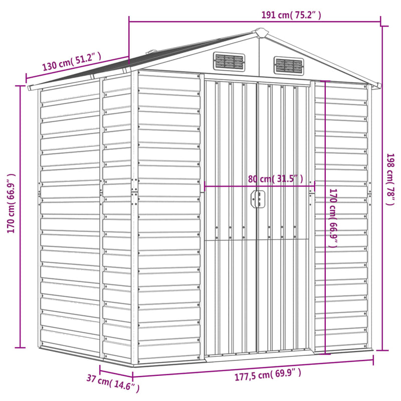 vidaXL Garden Shed Light Grey 191x130x198 cm Galvanised Steel