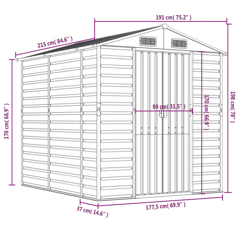 vidaXL Garden Shed Light Grey 191x215x198 cm Galvanised Steel