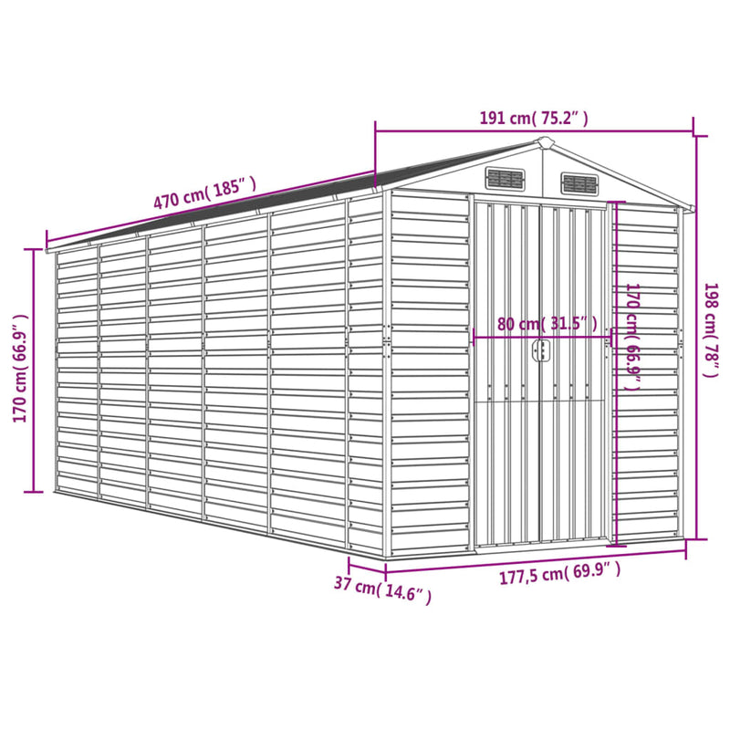 vidaXL Garden Shed Light Grey 191x470x198 cm Galvanised Steel