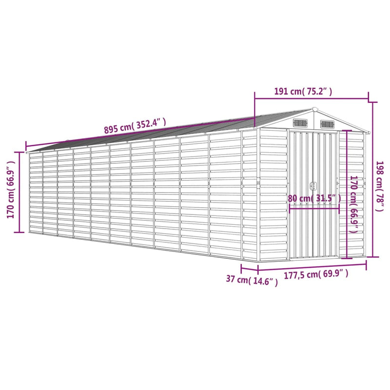 vidaXL Garden Shed Light Grey 191x895x198 cm Galvanised Steel