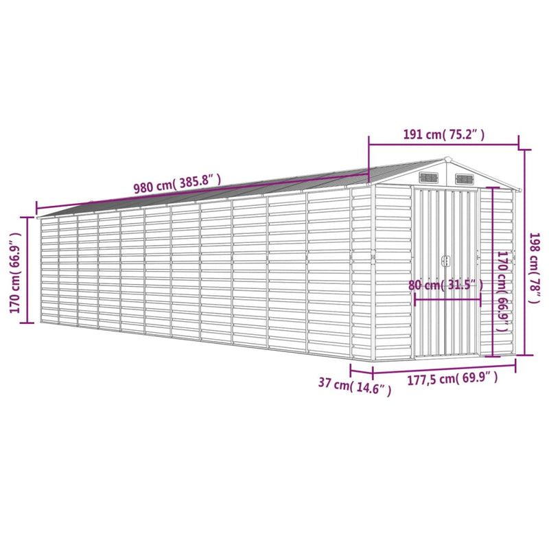 Garden Shed Light Grey 191x980x198 cm Galvanised Steel