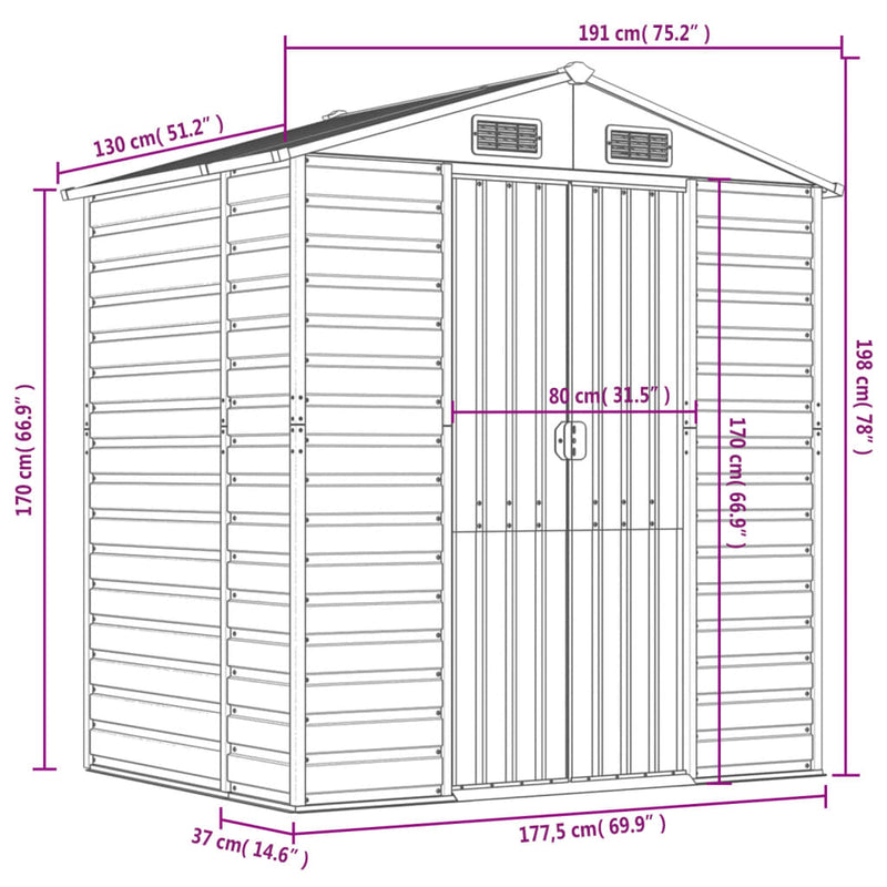 vidaXL Garden Shed Brown 191x130x198 cm Galvanised Steel