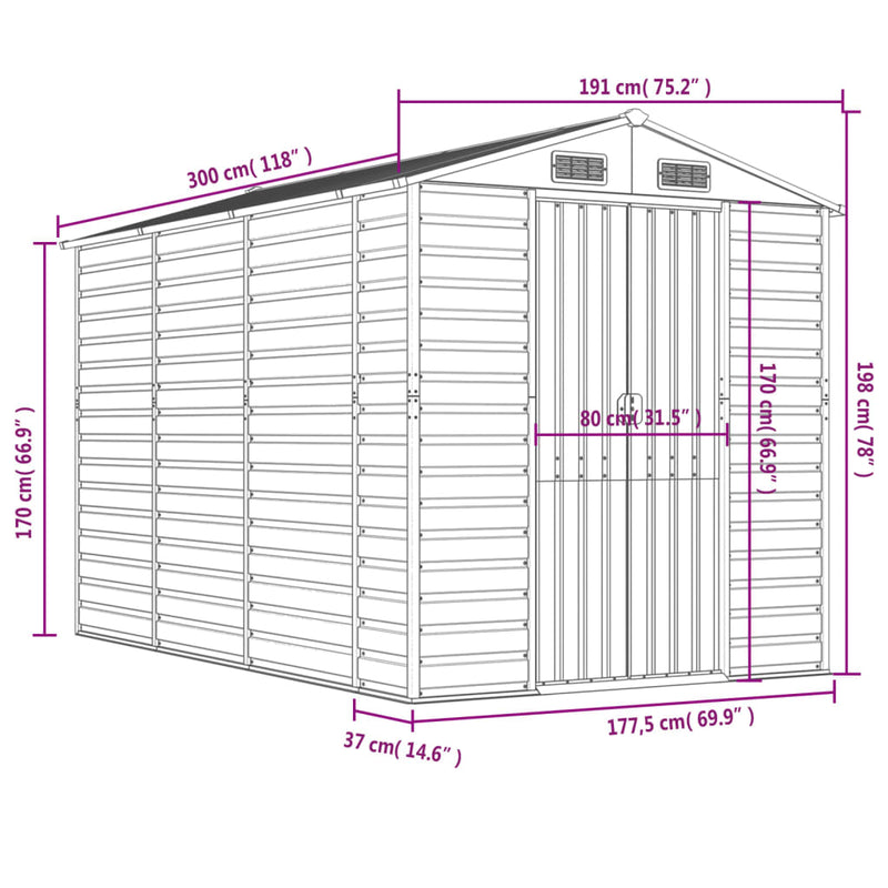 vidaXL Garden Shed Light Brown 191x300x198 cm Galvanised Steel