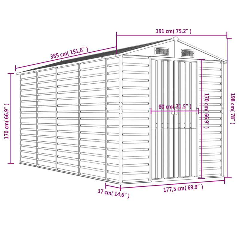 vidaXL Garden Shed Light Brown 191x385x198 cm Galvanised Steel