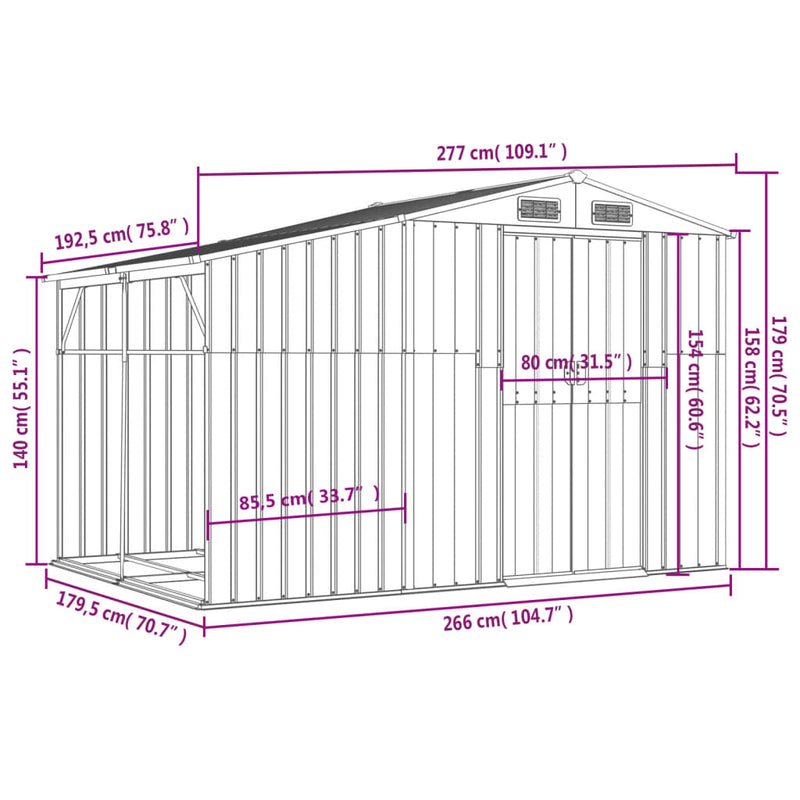 vidaXL Garden Shed Grey 277x192.5x179 cm Galvanised Steel