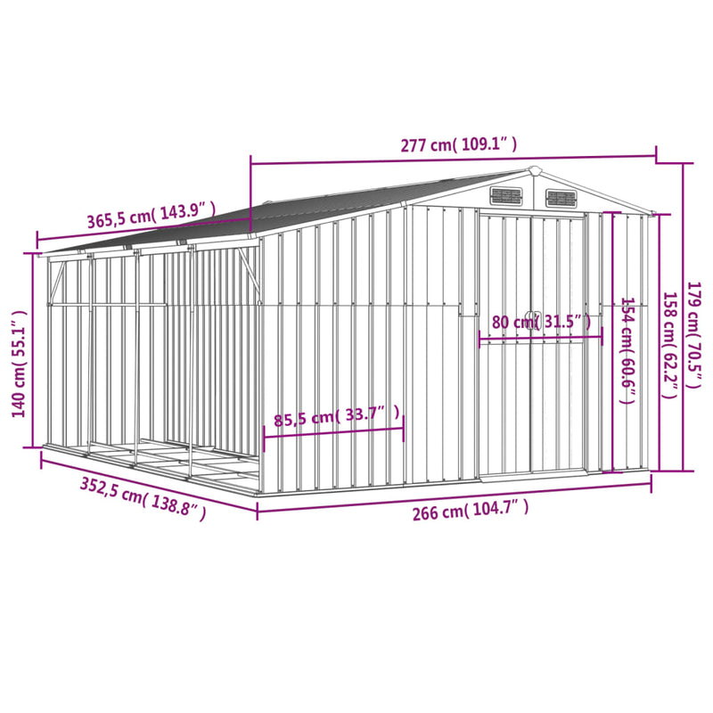 Garden Shed Grey 277x365.5x179 cm Galvanised Steel