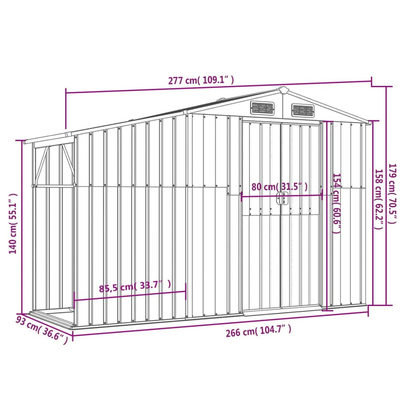 vidaXL Garden Shed Brown 277x93x179 cm Galvanised Steel