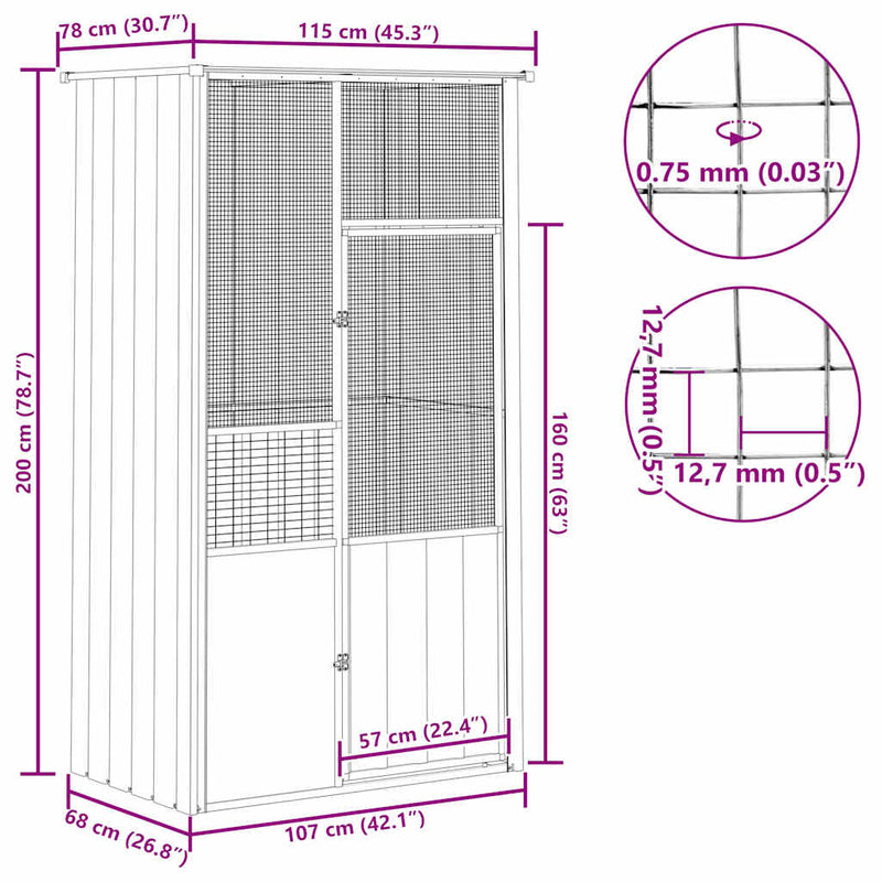 vidaXL Bird Cage Grey 115x78x200 cm Galvanised Steel