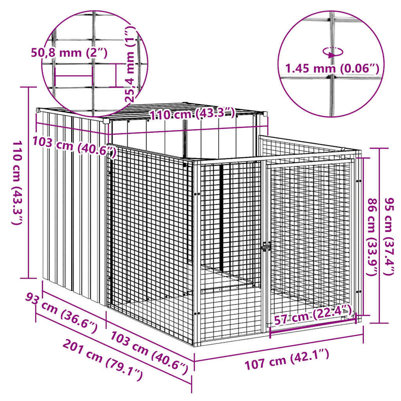 vidaXL Dog House with Run Anthracite 110x201x110 cm Galvanised Steel