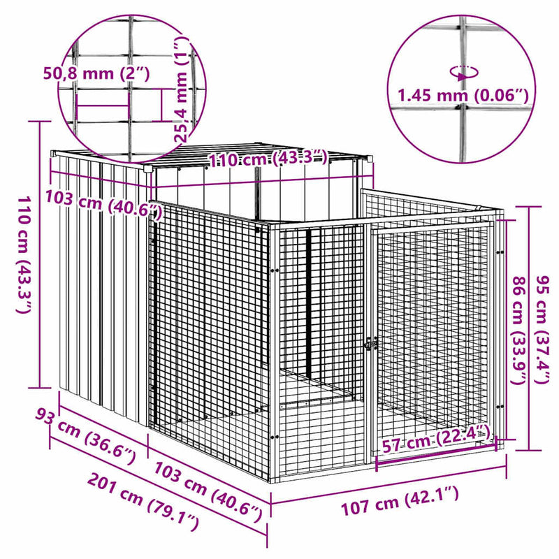 vidaXL Dog House with Run Light Grey 110x201x110 cm Galvanised Steel