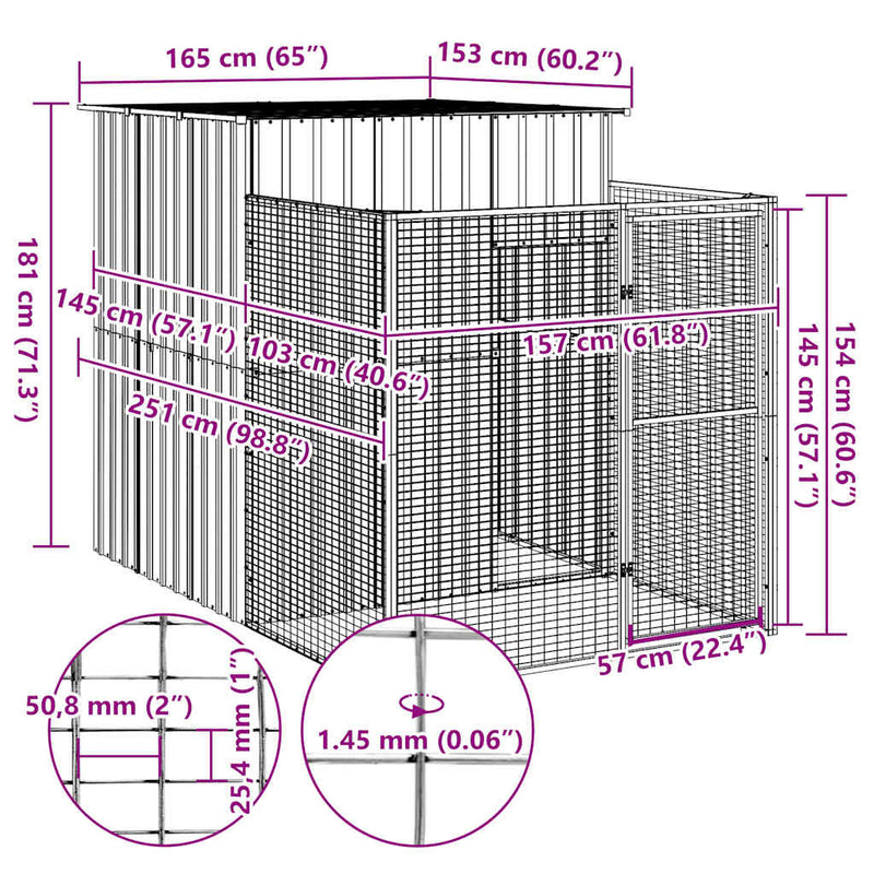 vidaXL Dog House with Run Anthracite 165x251x181 cm Galvanised Steel