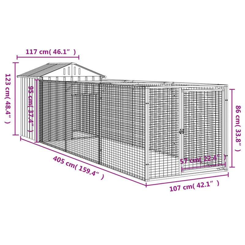 vidaXL Dog House with Roof Light Grey 117x405x123 cm Galvanised Steel