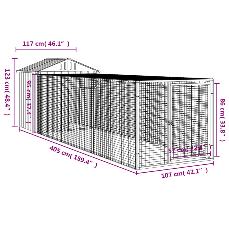 Chicken Cage with Run Light Grey 117x405x123 cm Galvanised Steel